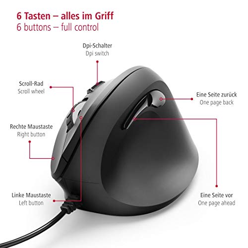 Hama Ratón ergonómico (ratón vertical para diestros, 3 niveles de velocidad hasta 1800 ppp, contra el codo de tenista, síndrome RSI del brazo del ratón, con cable) negro