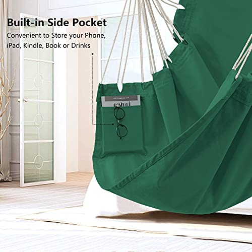Hamaca Colgante de Jardin, Columpio Colgante de Tela con Bolsillo, Silla Colgante Huevo Exterior Interior con Gancho Cuerda de Nailon Varilla de Metal Galvanizado (No Incluye Cojín) (Verde)