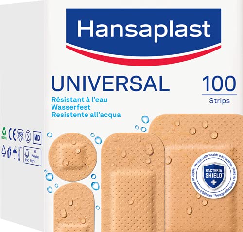 Hansaplast Universal - 100 apósitos resistentes al agua y al polvo, estériles, precortados, para toda la familia