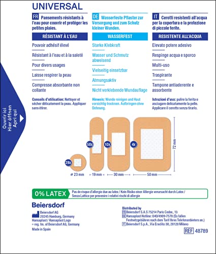 Hansaplast Universal - 100 apósitos resistentes al agua y al polvo, estériles, precortados, para toda la familia