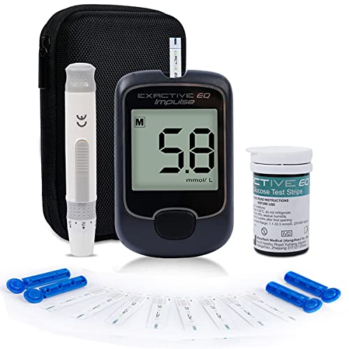 HARPIMER Medidor de Glucosa en Sangre, Glucosa en Sangre Kit, Diabetes Kit de Prueba de Azúcar en Sangre Sin Codificación con 25 Tiras de Prueba y Lancetas Exactive EQ-MG/DL