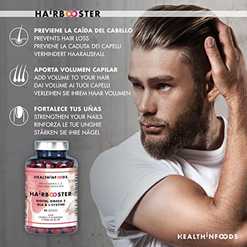 Healthinfoods | Hairbooster | Biotina, Omega 3, Zinc, Gla, LCistina, Hierro, Vitaminas | Gmp | Fórmula Anticaída | Potencia El Crecimiento Y Fortalecimiento Del Pelo, Uñas Y Piel | 90 Cápsulas | 66 Gr