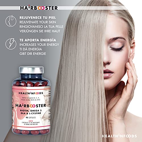 Healthinfoods | Hairbooster | Biotina, Omega 3, Zinc, Gla, LCistina, Hierro, Vitaminas | Gmp | Fórmula Anticaída | Potencia El Crecimiento Y Fortalecimiento Del Pelo, Uñas Y Piel | 90 Cápsulas | 66 Gr