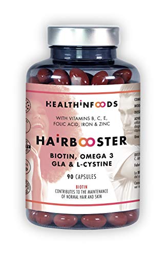 Healthinfoods | Hairbooster | Biotina, Omega 3, Zinc, Gla, LCistina, Hierro, Vitaminas | Gmp | Fórmula Anticaída | Potencia El Crecimiento Y Fortalecimiento Del Pelo, Uñas Y Piel | 90 Cápsulas | 66 Gr