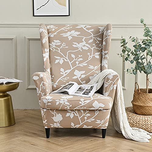 Highdi Funda de Sillón de Orejas Elástica Chesterfield, Funda de Sofá Relax 2 Piezas con Funda de Cojín, Fundas Protector de Butaca para Dormitorio, Recepción, Club (Rama de Flor Blanca)