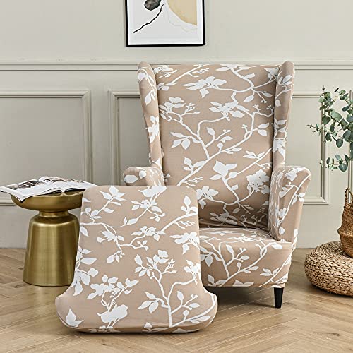 Highdi Funda de Sillón de Orejas Elástica Chesterfield, Funda de Sofá Relax 2 Piezas con Funda de Cojín, Fundas Protector de Butaca para Dormitorio, Recepción, Club (Rama de Flor Blanca)
