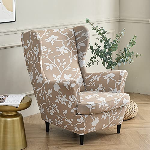 Highdi Funda de Sillón de Orejas Elástica Chesterfield, Funda de Sofá Relax 2 Piezas con Funda de Cojín, Fundas Protector de Butaca para Dormitorio, Recepción, Club (Rama de Flor Blanca)