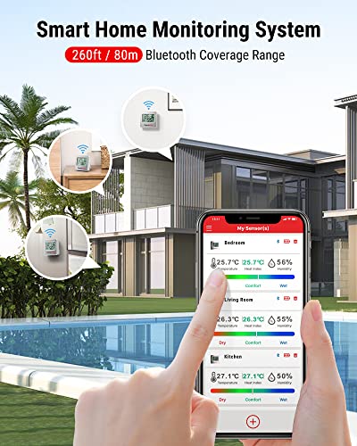 Higrómetro ThermoPro TP357 260FT Bluetooth, con monitor remoto de temperatura y humedad y APP inteligente, medidor de sensor de temperatura y humedad con registros máximos y mínimos, plateado