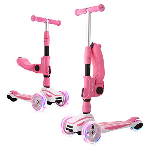 Hikole 2 en 1 Patinete de 3 Ruedas con Asiento para Niñas y Niños de 3 a 8 Años, Manillar Ajustable y Ruedas Intermitentes