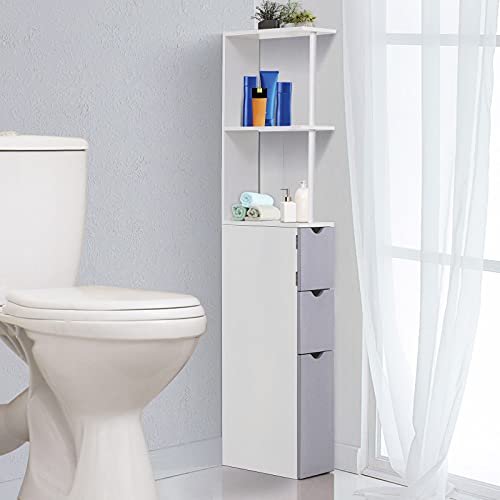 HOMCOM Armario Alto de Baño Multiusos Estrecho con 2 Estantes 1 Puerta y 2 Cajones de Almacenamiento 15x33x136cm Color Blanco
