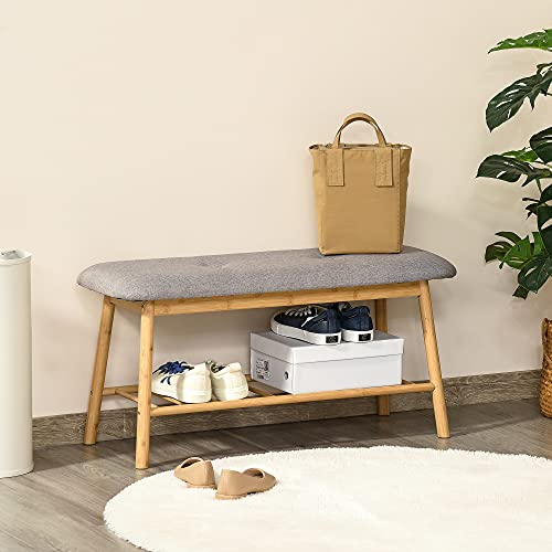 HOMCOM Banco Zapatero Moderno Mueble Recibidor de Bambú con Asiento Acolchado y Estante para Zapatos Entrada Pasillo 90x34x44 cm Color Natural y Gris