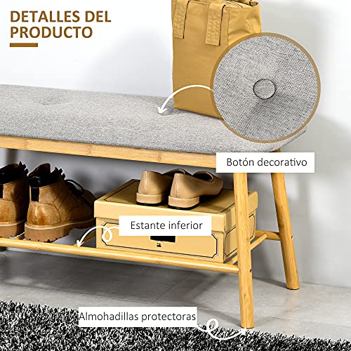 HOMCOM Banco Zapatero Moderno Mueble Recibidor de Bambú con Asiento Acolchado y Estante para Zapatos Entrada Pasillo 90x34x44 cm Color Natural y Gris