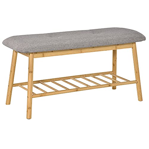 HOMCOM Banco Zapatero Moderno Mueble Recibidor de Bambú con Asiento Acolchado y Estante para Zapatos Entrada Pasillo 90x34x44 cm Color Natural y Gris