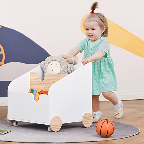 HOMCOM Caja de Almacenamiento de Juguetes de 2 Secciones con Ruedas Asa Carrito de Madera Infantil para Habitación de Niños 40x43x43 cm Blanco y Madera Natural