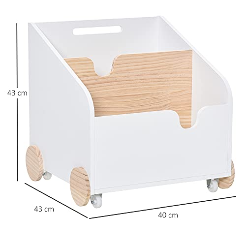 HOMCOM Caja de Almacenamiento de Juguetes de 2 Secciones con Ruedas Asa Carrito de Madera Infantil para Habitación de Niños 40x43x43 cm Blanco y Madera Natural