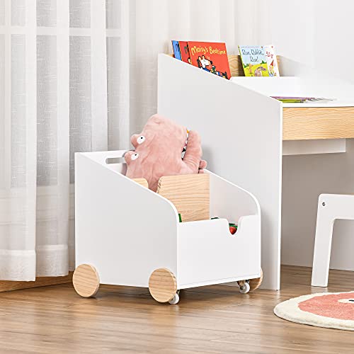 HOMCOM Caja de Almacenamiento de Juguetes de 2 Secciones con Ruedas Asa Carrito de Madera Infantil para Habitación de Niños 40x43x43 cm Blanco y Madera Natural