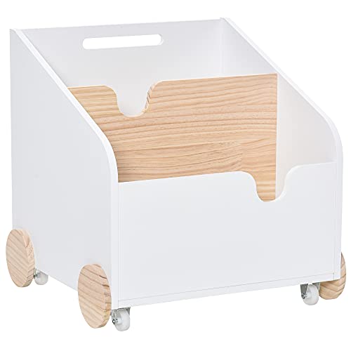 HOMCOM Caja de Almacenamiento de Juguetes de 2 Secciones con Ruedas Asa Carrito de Madera Infantil para Habitación de Niños 40x43x43 cm Blanco y Madera Natural