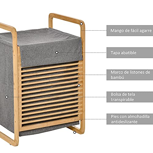 HOMCOM Cesto para Ropa Sucia de Bambú Cesto Rectangular de Ropa Portátil con Tapa y Bolsa Extraíble Mueble de Baño Dormitorio 40x35,5x60,5 cm Color Natural y Gris