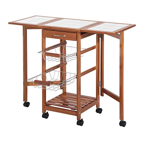 HOMCOM Mesa Auxiliar Cocina 91x37x75 cm Plegable 6 Ruedas 1 Cajon 2 Cestas Carrito Servicio Pino Metal Cromado
