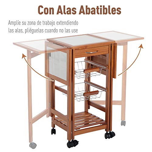 HOMCOM Mesa Auxiliar Cocina 91x37x75 cm Plegable 6 Ruedas 1 Cajon 2 Cestas Carrito Servicio Pino Metal Cromado