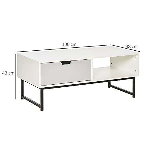 HOMCOM Mesa de Centro para Salón Moderna con Estante Abierto Cajón y Patas Elevadas Mesa Auxiliar para Sala de Estar Oficina 106x48x43 cm Blanco