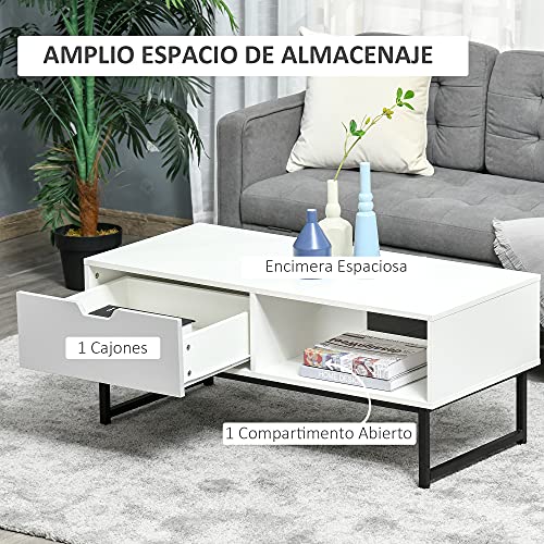 HOMCOM Mesa de Centro para Salón Moderna con Estante Abierto Cajón y Patas Elevadas Mesa Auxiliar para Sala de Estar Oficina 106x48x43 cm Blanco