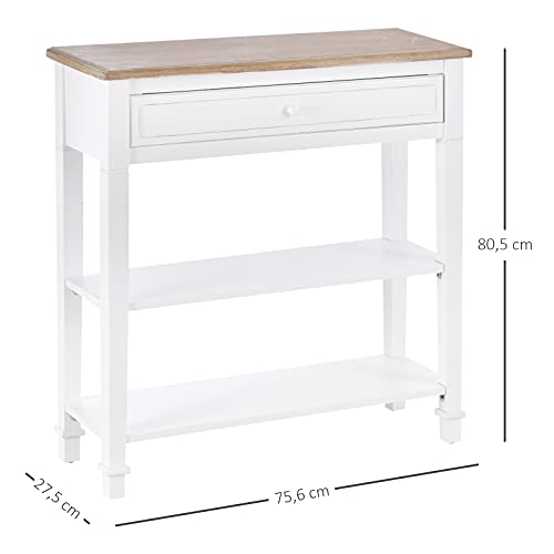 HOMCOM Mesa de Consola Multifuncional Mesa Auxiliar para Sala Pasillo Comedor con 2 Estantes 1 Cajón Extraíble Manija Estilo de Retro Pino 75,6x27,5x80,5 cm Madera Natural Blanco