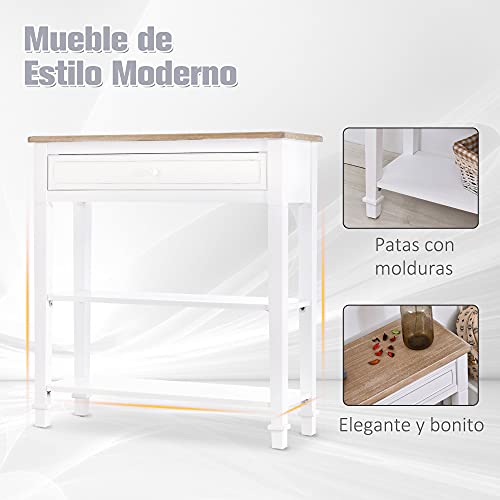 HOMCOM Mesa de Consola Multifuncional Mesa Auxiliar para Sala Pasillo Comedor con 2 Estantes 1 Cajón Extraíble Manija Estilo de Retro Pino 75,6x27,5x80,5 cm Madera Natural Blanco