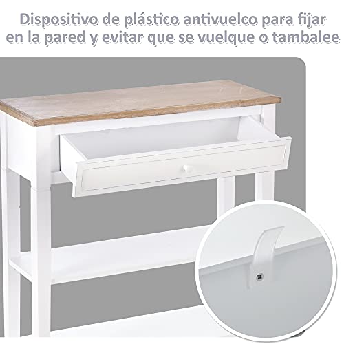 HOMCOM Mesa de Consola Multifuncional Mesa Auxiliar para Sala Pasillo Comedor con 2 Estantes 1 Cajón Extraíble Manija Estilo de Retro Pino 75,6x27,5x80,5 cm Madera Natural Blanco
