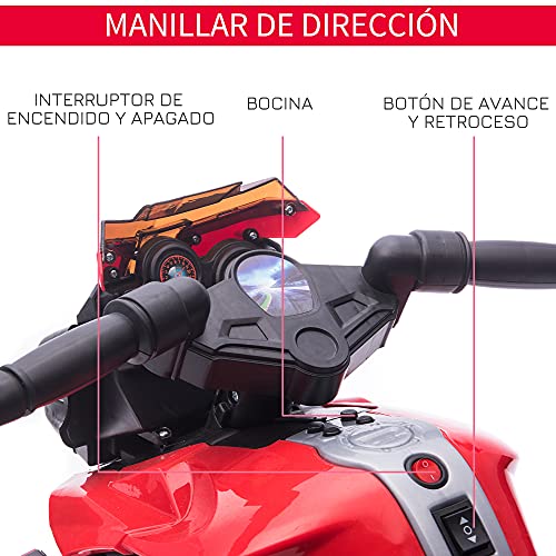 HOMCOM Moto Eléctrica para Niños de 18-36 Meses 6V con Faros Bocina 2 Ruedas de Equilibrio Velocidad Máx. de 3 km/h Motocicleta de Juguete 88,5x42,5x49 cm Rojo