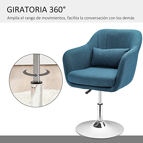 HOMCOM Taburete de Bar Giratoria 360° Silla de Oficina Cocina Peluquería con Altura Ajustable Respaldo Envolvente Reposabrazos y Cojín 60x60x79-91 cm Azul