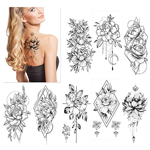 HOWAF 8 hojas de tatuajes de flores rosas tatuajes temporales adultos mujeres impermeable negro tatuaje flor flora niñas dama tatuajes falsos brazo Tatuajes adhesivos sexy hombro pecho