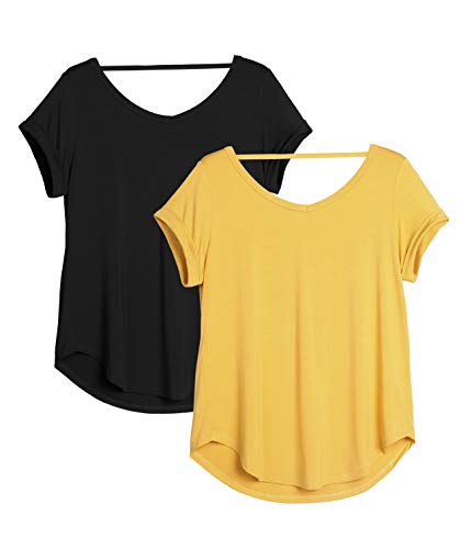 icyzone Camiseta de Yoga Deportiva de Suelta Transpirable de Manga Corta de Espalda Abierta para Mujer,Pack de 2 -S-