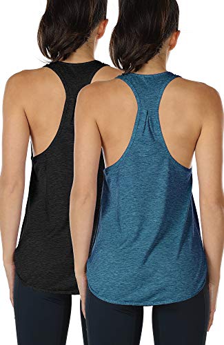 icyzone Camiseta sin Mangas de Fitness para Mujer Racerback Chaleco Deportivo, Pack de 2 (M, Negro/Mezclilla)