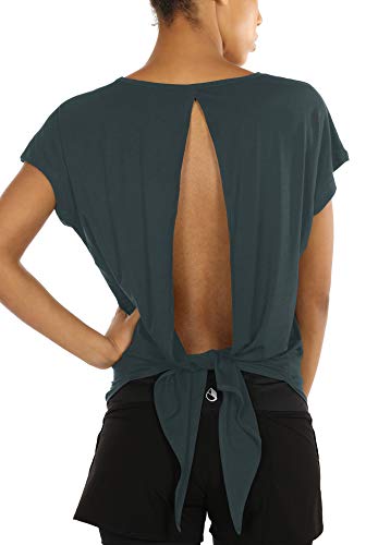 icyzone Camiseta sin Mangas Deportiva de Manga Corta de Espalda Abierta para Mujer para Yoga -M-Sea Pine