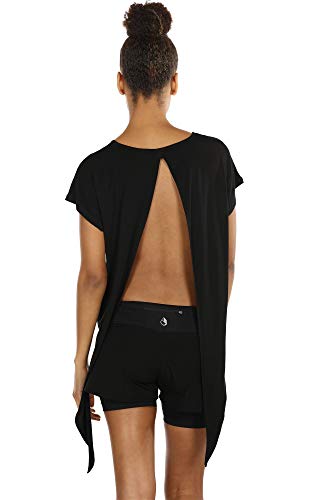 icyzone Camiseta sin Mangas Deportiva de Manga Corta de Espalda Abierta para Mujer para Yoga -S-Negro