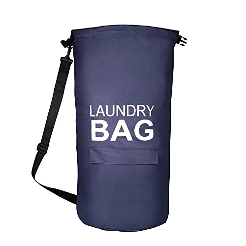 IHOMAGIC Cesto Ropa Sucia de Hombro Ajustables - Bolsa para Colgar Ropa Sucia, Bolsa de Almacenamiento un Hombro con Bolsillo, Cesta de Lavandería Portátil para Colgar en la Puerta (Azul Marino)