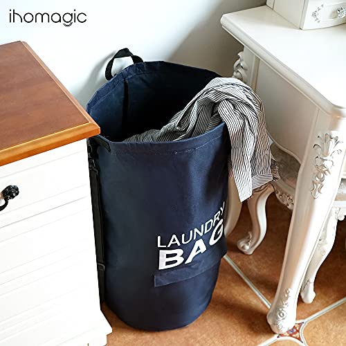 IHOMAGIC Cesto Ropa Sucia de Hombro Ajustables - Bolsa para Colgar Ropa Sucia, Bolsa de Almacenamiento un Hombro con Bolsillo, Cesta de Lavandería Portátil para Colgar en la Puerta (Azul Marino)