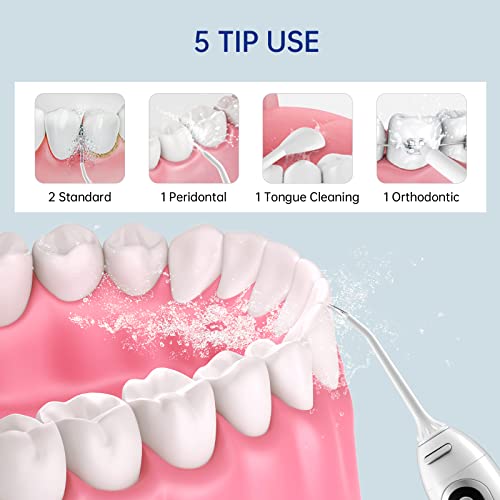 Irrigador Bucal, Irrigador Dental Portátil con 5 Boquillas 5 Modos 300ML, Multifuncional Recargable,Profesional Lavado Pulsado,IPX7 Impermeable,Limpieza Dientes de Ortodoncia y Dientes de Implante