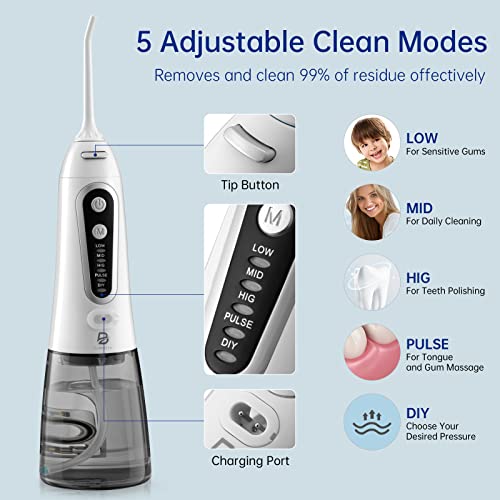 Irrigador Bucal, Irrigador Dental Portátil con 5 Boquillas 5 Modos 300ML, Multifuncional Recargable,Profesional Lavado Pulsado,IPX7 Impermeable,Limpieza Dientes de Ortodoncia y Dientes de Implante