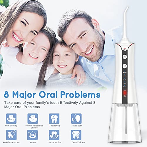 Irrigadores Bucales Portatil - TUREWELL Irrigador Dental con 5 Boquillas 6 Modos,IPX7 Impermeable,Recargable para Limpieza Dental, 300ML Irrigador Oral Portátil Profesional de Familia y Viajar