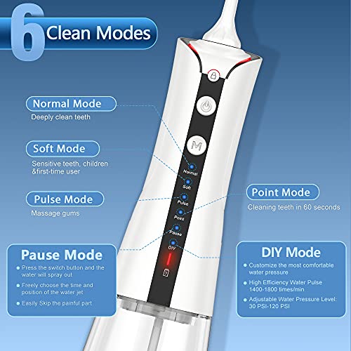 Irrigadores Bucales Portatil - TUREWELL Irrigador Dental con 5 Boquillas 6 Modos,IPX7 Impermeable,Recargable para Limpieza Dental, 300ML Irrigador Oral Portátil Profesional de Familia y Viajar