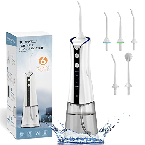 Irrigadores Bucales Portatil - TUREWELL Irrigador Dental con 5 Boquillas 6 Modos,IPX7 Impermeable,Recargable para Limpieza Dental, 300ML Irrigador Oral Portátil Profesional de Familia y Viajar