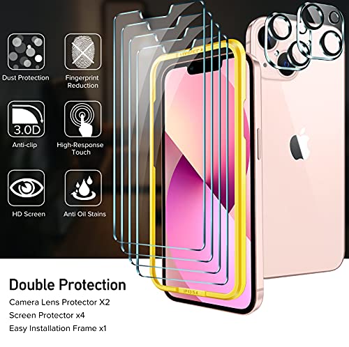 ivoler 4 Piezas Protector de Pantalla Compatible con iPhone 13 6.1 Pulgadas, con 2 Piezas Protector de Lente de Cámara y Marco de Instalación Fácil, Cristal Vidrio Templado Premium