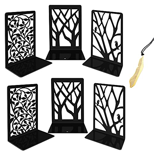 Iycnkok Sujetalibros Sujeta Libros Estantería de Metal, Marcapáginas Incluido, Soporte Libros Diseño de árbol/ Pájaro/Hoja, ideal para Infantil, Oficina, Escuelas, Decoración Escritorio, 3 Pares Negro