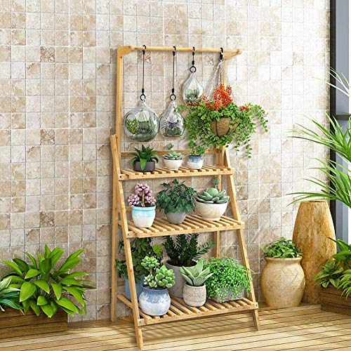 Joycelzen Estantería para Macetas para Plantas, Escalera para Flores Plantas Estante Soporte de Flore con 3 Niveles y Barra de Colgar para Exterior Jardín y Interior Balcón