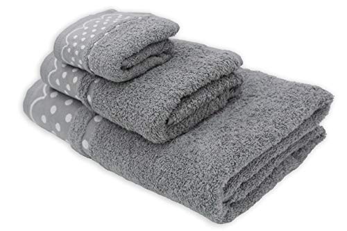 Juego 3 Toallas de Baño 100% Algodón. Toallas Rizo con Cenefa 500 gr/m². Pack 3 Toallas, Sábana Ducha, Lavabo y Tocador. (Gris, Lunares)