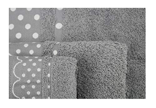 Juego 3 Toallas de Baño 100% Algodón. Toallas Rizo con Cenefa 500 gr/m². Pack 3 Toallas, Sábana Ducha, Lavabo y Tocador. (Gris, Lunares)
