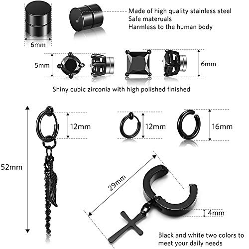 Juego de 9 Pares de Aretes Magnéticos Pendientes con Bisagras con Colgantes de Plumas de Acero Inoxidable Pendientes de Imán CZ, Pendiente de Aro de Cruz No Perforante, Negro
