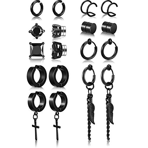 Juego de 9 Pares de Aretes Magnéticos Pendientes con Bisagras con Colgantes de Plumas de Acero Inoxidable Pendientes de Imán CZ, Pendiente de Aro de Cruz No Perforante, Negro